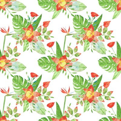Papier peint  Watercolor bouquet of exotic flowers seamless pattern on a white background. Orchid, strelitzia, monstera, and anthurium flower on an endless print. Tropical floral illustration.