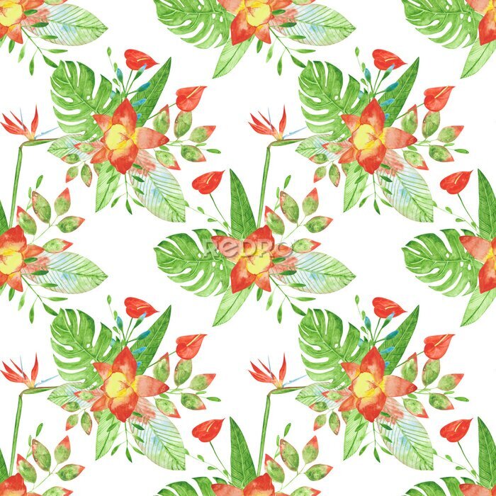 Papier peint  Watercolor bouquet of exotic flowers seamless pattern on a white background. Orchid, strelitzia, monstera, and anthurium flower on an endless print. Tropical floral illustration.