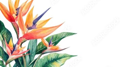 Papier peint  Watercolor bouquet of strelitzia flowers Hand painted exotic blooms with foliage Watercolor backdrop featuring strelitzia Corner banner background in watercolor showcasing exotic flowers