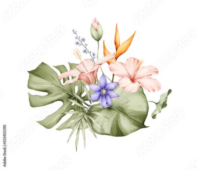 Papier peint  Watercolor bouquet with bright tropical leaves and flowers. Hibiscus, strelitzia, monstera leaf. Jungle floral arrangements. Hand-drawn botany set. Modern tropical isolated elements.