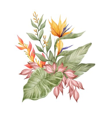 Papier peint  Watercolor bouquet with bright tropical leaves and flowers.  Jungle collection. Flowers and tropical arrangement. Hand drawn botany set. Modern tropical isolated elements.