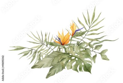 Papier peint  Watercolor bouquet with bright tropical leaves and flowers.  Jungle collection. Flowers and tropical arrangement. Hand drawn botany set. Modern tropical isolated elements.