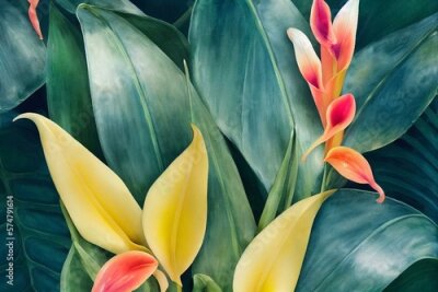 Papier peint  Watercolor bouquet with bright tropical leaves and flowers. Strelitzia, calla lilies, monstera leaf. Jungle floral arrangements. Hand-drawn botany arrangements. Modern tropical. Generative AI