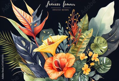 Papier peint  Watercolor bouquet with bright tropical leaves and flowers. Strelitzia, calla lilies, monstera leaf. Jungle floral arrangements. Hand-drawn botany arrangements. Modern tropical. Generative AI