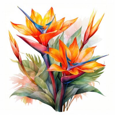 Papier peint  Watercolor Exotic Strelitzia Flowers Illustration, Generative Ai