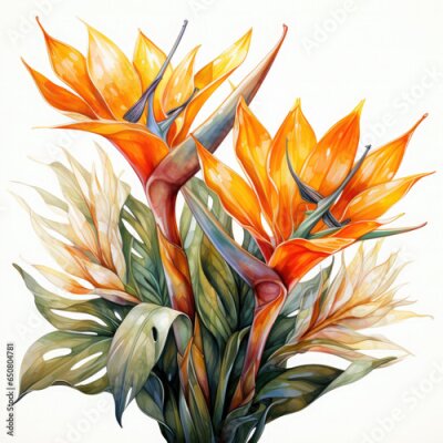 Papier peint  Watercolor Exotic Strelitzia Flowers Illustration, Generative Ai