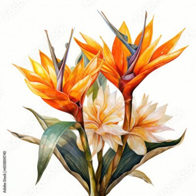 Papier peint  Watercolor Exotic Strelitzia Flowers Illustration, Generative Ai