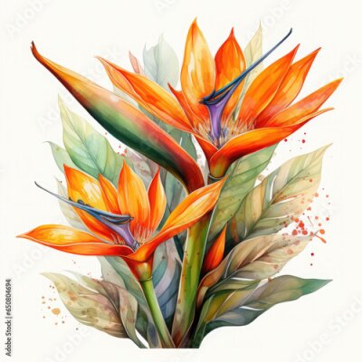 Papier peint  Watercolor Exotic Strelitzia Flowers Illustration, Generative Ai
