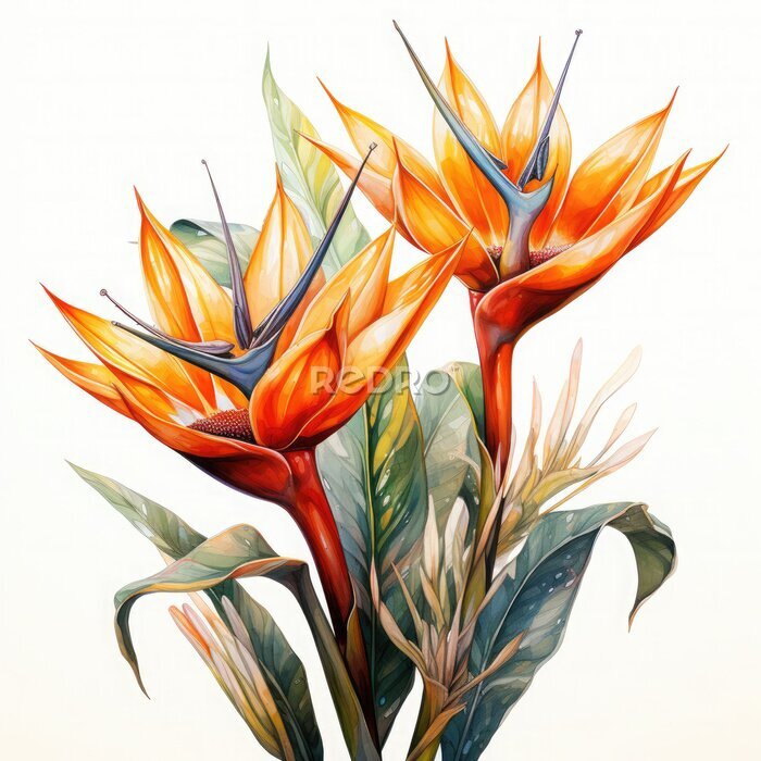 Papier peint  Watercolor Exotic Strelitzia Flowers Illustration, Generative Ai