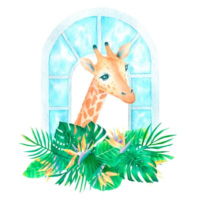 Papier peint  Watercolor exotic tropical composition with giraffe in window strelitzia flowers and tropical palm leaves jungle poster for decor