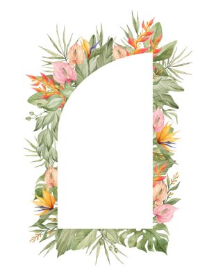 Papier peint  Watercolor floral frame with  bright tropical flower, strelitzia, monstera, palm leaf. Botanical arrangement for wedding invite, greeting, card, logo. Decorative ornament template. Summer floral frame
