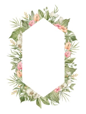Papier peint  Watercolor floral frame with  bright tropical flower, strelitzia, monstera, palm leaf. Botanical arrangement for wedding invite, greeting, card, logo. Decorative ornament template. Summer floral frame