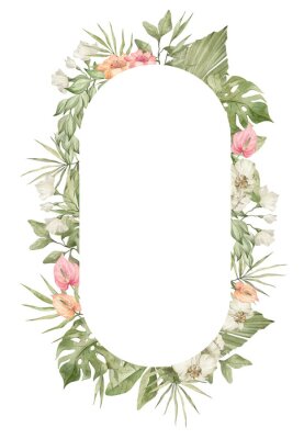 Papier peint  Watercolor floral frame with  bright tropical flower, strelitzia, monstera, palm leaf. Botanical arrangement for wedding invite, greeting, card, logo. Decorative ornament template. Summer floral frame