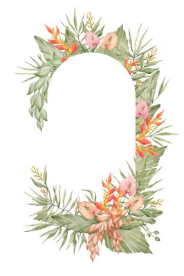 Papier peint  Watercolor floral frame with  bright tropical flower, strelitzia, monstera, palm leaf. Botanical arrangement for wedding invite, greeting, card, logo. Decorative ornament template. Summer floral frame