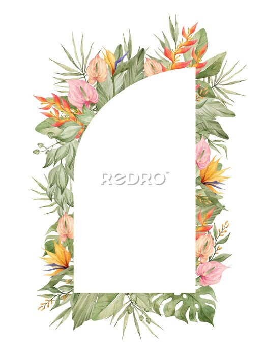 Papier peint  Watercolor floral frame with  bright tropical flower, strelitzia, monstera, palm leaf. Botanical arrangement for wedding invite, greeting, card, logo. Decorative ornament template. Summer floral frame