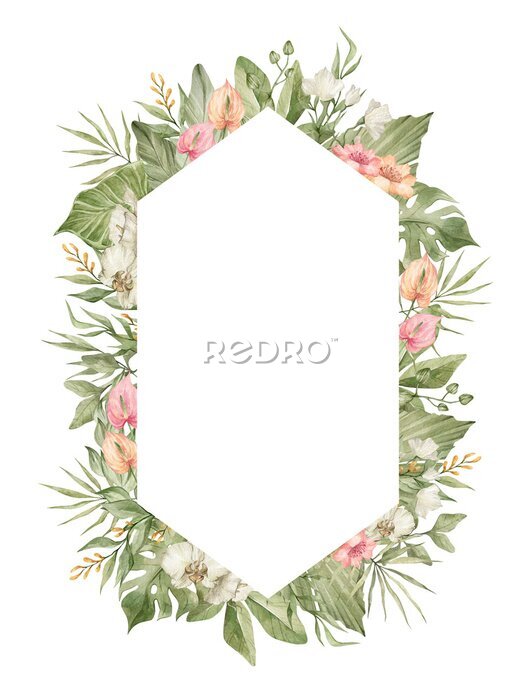 Papier peint  Watercolor floral frame with  bright tropical flower, strelitzia, monstera, palm leaf. Botanical arrangement for wedding invite, greeting, card, logo. Decorative ornament template. Summer floral frame