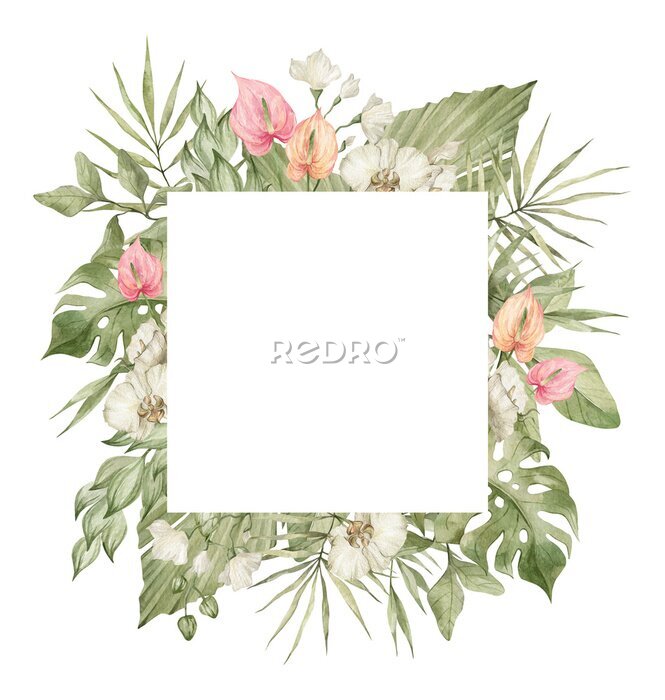 Papier peint  Watercolor floral frame with  bright tropical flower, strelitzia, monstera, palm leaf. Botanical arrangement for wedding invite, greeting, card, logo. Decorative ornament template. Summer floral frame