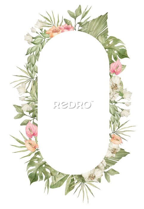Papier peint  Watercolor floral frame with  bright tropical flower, strelitzia, monstera, palm leaf. Botanical arrangement for wedding invite, greeting, card, logo. Decorative ornament template. Summer floral frame