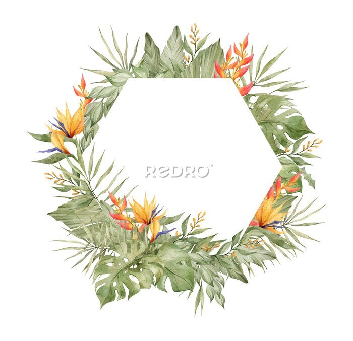 Papier peint  Watercolor floral frame with  bright tropical flower, strelitzia, monstera, palm leaf. Botanical arrangement for wedding invite, greeting, card, logo. Decorative ornament template. Summer floral frame