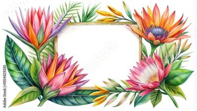 Papier peint  Watercolor floral frame with vibrant strelitzia and protea flowers