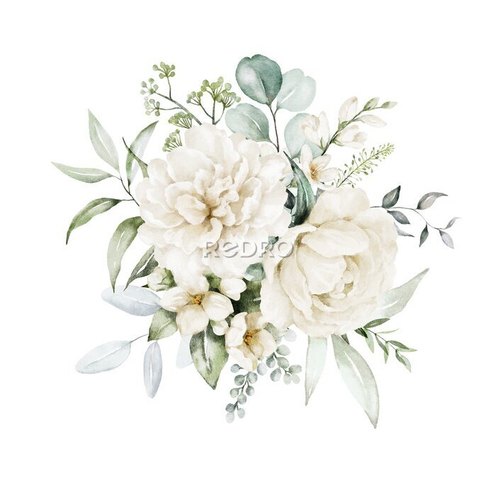 Papier peint  Watercolor floral illustration bouquet - white flowers, rose, peony, green and gold leaf branches collection. Wedding stationary, greetings, wallpapers, fashion, background. Eucalyptus, olive, leaves.