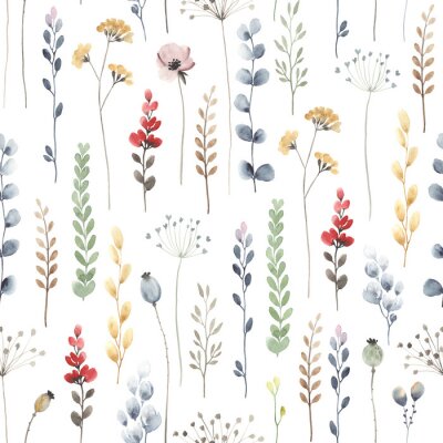 Papier peint  Watercolor floral seamless pattern with colorful wildflowers, leaves and plants. Illustration on white background in vintage style.