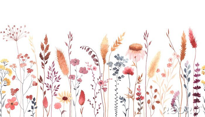 Papier peint  Watercolor floral seamless pattern with colorful wildflowers, plants and grass. Panoramic horizontal border, isolated illustration. Meadow in vintage style.