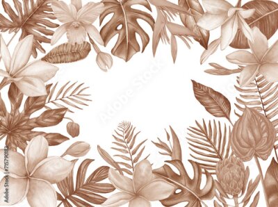 Papier peint  Watercolor Frame of Boho tropical flowers and leaves. Hand drawing palm leaves, strelitzia, anthurium, plumeria