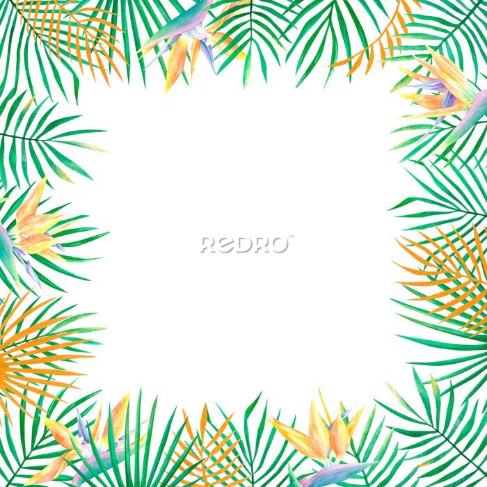 Papier peint  Watercolor hand drawn exotic tropical frames with green and gold palm leaves and strelitzia flowers isolated on white background