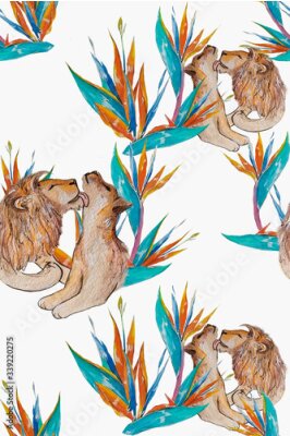 Papier peint  Watercolor illustration lions love on white background. Strelitzia flowers pattern.