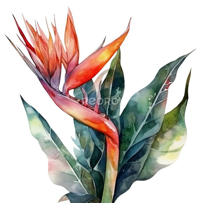 Papier peint  Watercolor illustration of a paradise flower Strelitzia. Ai illustration. Transparent background, png