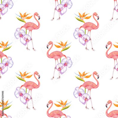 Papier peint  Watercolor illustration of pink flamingo bird with pink orchid flowers and strelitzia flower seamless pattern.