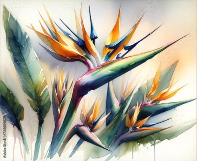 Papier peint  Watercolor illustration of Strelitzia plants