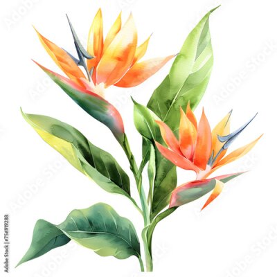 Papier peint  Watercolor illustration of Strelitzia reginae flower, high detail, watercolor effect, soft colors, white background watercolor
