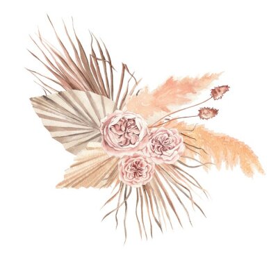 watercolor illustration. Wedding bouquet in boho style, peony roses, flowers,pampas grass, palm leaves, dried flowers.  Design for invitations, weddings, baptism