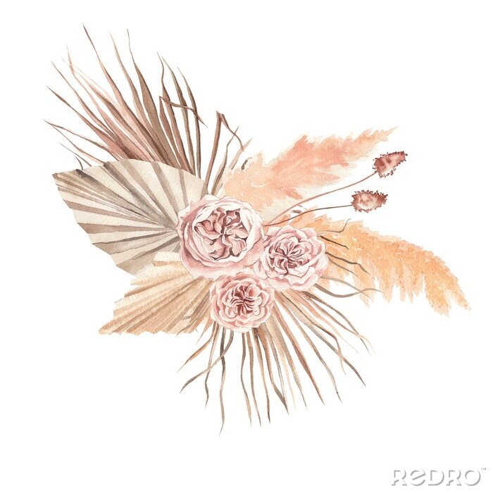 Papier peint  watercolor illustration. Wedding bouquet in boho style, peony roses, flowers,pampas grass, palm leaves, dried flowers.  Design for invitations, weddings, baptism