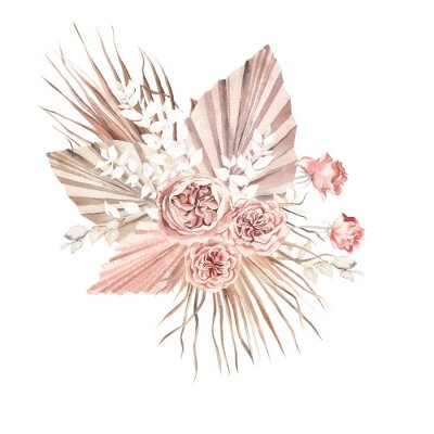 watercolor illustration. Wedding bouquet in boho style, peony roses, pampas grass, palm leaves, dried flowers.  Design for invitations, weddings, baptism