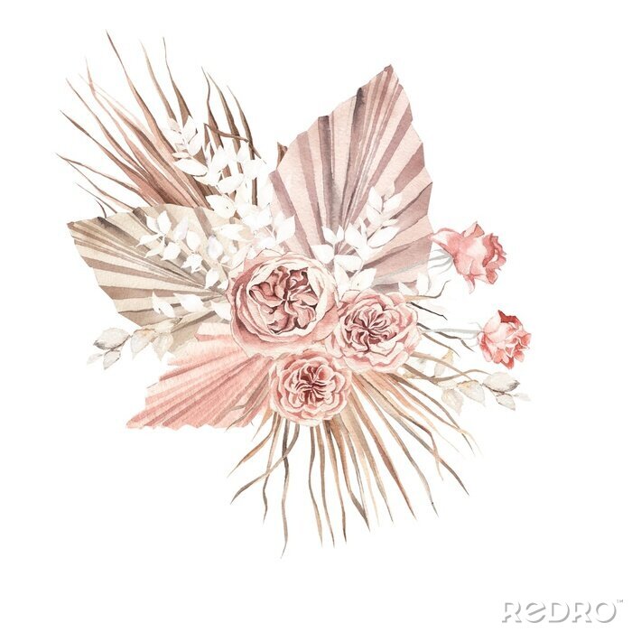 Papier peint  watercolor illustration. Wedding bouquet in boho style, peony roses, pampas grass, palm leaves, dried flowers.  Design for invitations, weddings, baptism