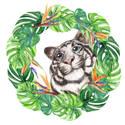 Papier peint  Watercolor illustration wild cat white tiger in a wreath of tropical leaves, monstera, strelitzia flowers, bright, multicolor isolated on a transparent background