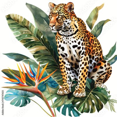 Papier peint  Watercolor leopard sitting back Strelitzia flower