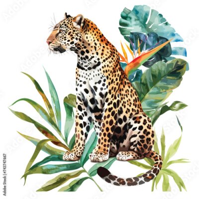 Papier peint  Watercolor leopard sitting back Strelitzia flower