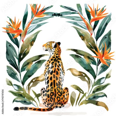 Papier peint  Watercolor leopard sitting back Strelitzia flower