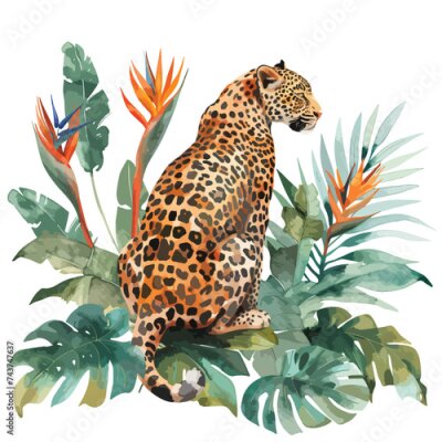 Papier peint  Watercolor leopard sitting back Strelitzia flower