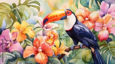 Papier peint  Watercolor painting of a toucan amidst vibrant flowers including monstera orchid and strelitzia