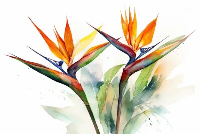 Papier peint  Watercolor painting of beautiful strelitzia flowers resembling bird of paradise on a clean white background. Generative AI