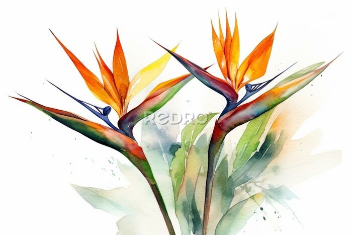 Papier peint  Watercolor painting of beautiful strelitzia flowers resembling bird of paradise on a clean white background. Generative AI