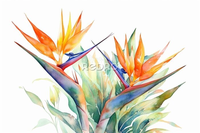 Papier peint  Watercolor painting of exotic strelitzia flowers, bird of paradise on a white background. Generative AI