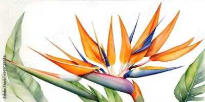 Papier peint  Watercolor painting of exotic tropical orange strelitzia flower on white background.
AI generated