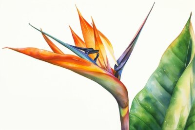Papier peint  Watercolor painting of isolated Strelitzia flower, also known as Bird of Paradise, serving as a botanical illustration of tropical flora in jungle design. Generative AI