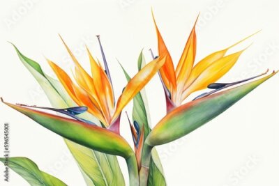 Papier peint  Watercolor painting of tropical Strelitzia flowers, commonly known as Bird of Paradise, on a white background. Generative AI